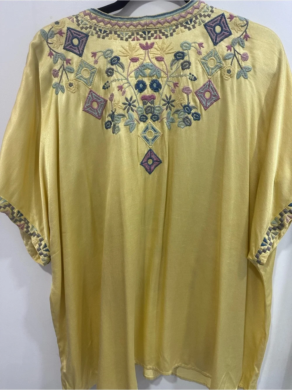 BIYA by Johnny Was XL Yellow Embroidered Lace-Up Boho Tunic Blouse Floral